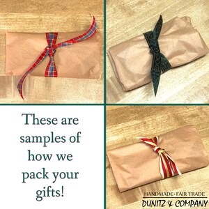 assorted packets wrapped in light brown kraft tissue paper and various ribbons. This is how we package our jewelry.