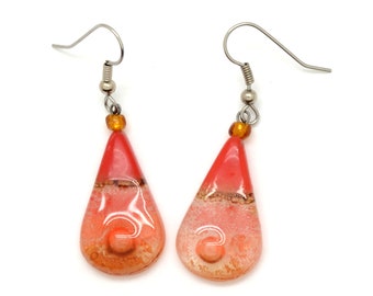 Red & Peach Fuzz Earrings, Fair Trade Teardrop Earrings, Color of the Year Trend Earrings, Glass Teardrop Dangles