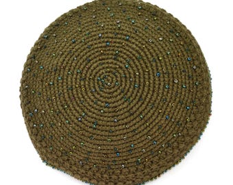 Olive Green Crochet Kippah with Beaded Accents, Beaded Yarmulke, Head Covering, Handmade Temple Kippah Gift