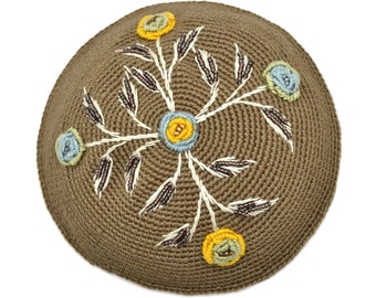Classic Crochet Ladies Kippa, Embroidered & Beaded Flowers Womans Kippot, Fair Trade Judaica, Beige Yarumulke for Holidays