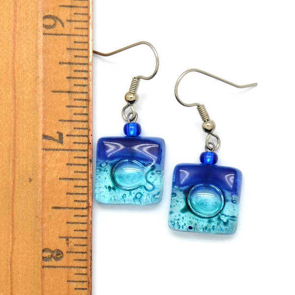 Blue Fused Glass Earrings - Small Square Dangle Earrings for Affordable Teenager Gift or Best Buddy Gift - Fair Trade Jewelry