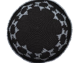 Black Crochet Kippa with Star of David Design - Yarmulke for Men, Bar Mitsvah Gift, Fair Trade Judaica Artisan made