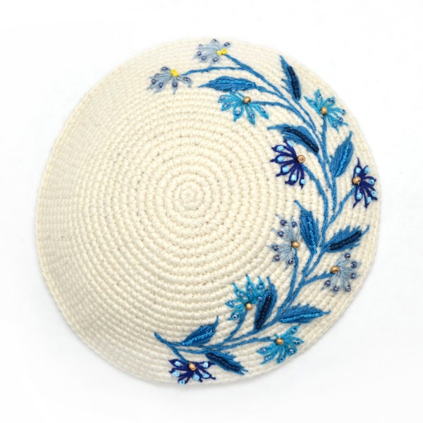 Cream & Turquoise Flower Kippot, Sapphire Blue Color Womens Beaded Kippa, Kippah for Woman, Fair Trade Judaica