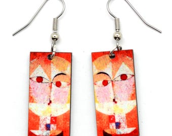 Paul Klee Earrings, Modern Art Dangle Earrings features Senecio painting, Fair Trade Rectangle Dangles