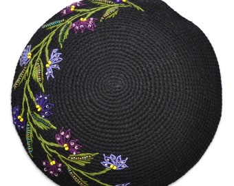 Black Embroidered Floral Kippot with Purple Flowers for Woman, Womens Crochet Kippah, Yarmulke for Special Occasion, Fair Trade Judaica