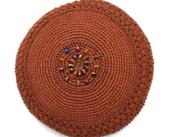Copper Beaded & Crochet Kippa with Medallion made with Faceted Glass Beads - Fair Trade Judaica Gift
