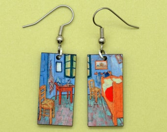 Van Gogh Bedroom Earrings, Colorful Famous Art Earrings, Van Gogh Jewelry for Art Lovers, Eco Friendly Earrings with Miniature Painting
