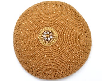 Gold Beaded & Crochet Kippa with Medallion Design - Handmade in Guatemala - Fair Trade Judaica