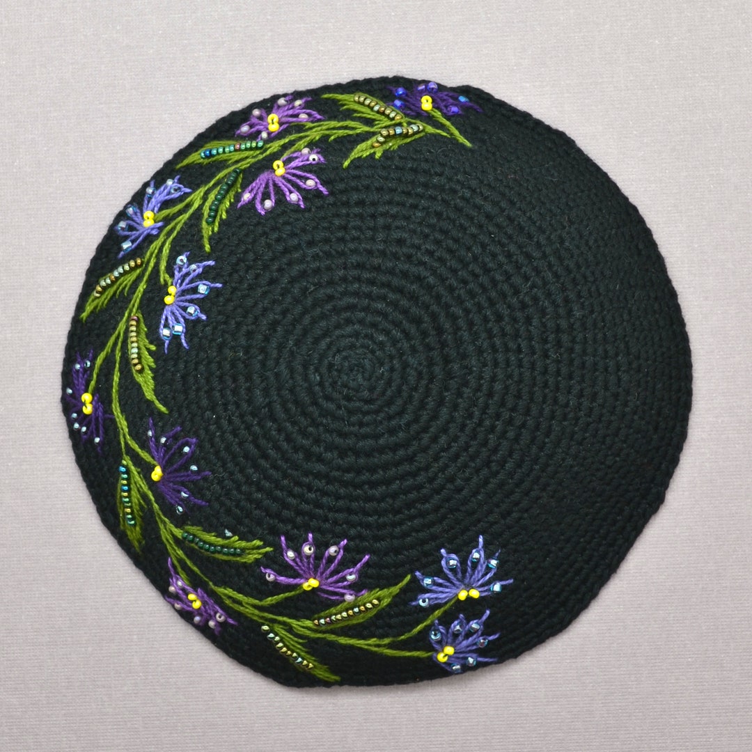 Black Embroidered Floral Kippot with Purple Flowers for Woman, Womens Crochet Kippah, Yarmulke