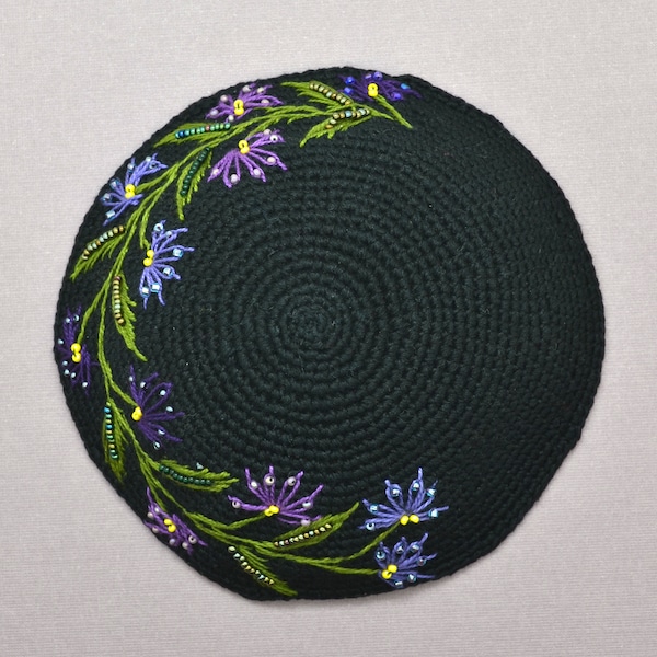 Black Embroidered Floral Kippot with Purple Flowers for Woman, Womens Crochet Kippah, Yarmulke for Special Occasion, Fair Trade Judaica