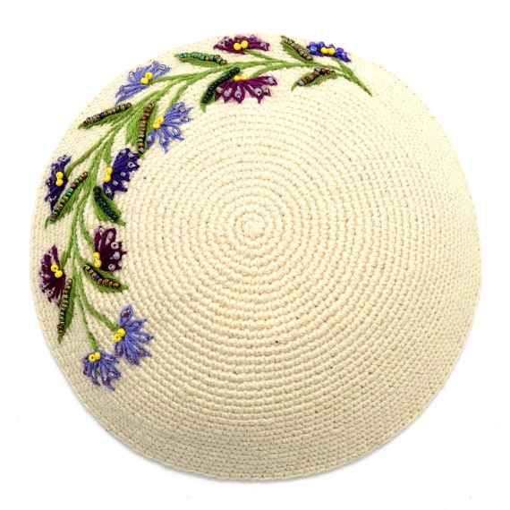 Cream & Purple Flower Kippot, Lavender Color Womens Beaded  display picture 2