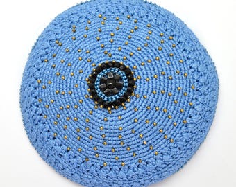 Crochet Beaded Kippot - Blue Crochet Yarmulke form Women with beaded medallion pattern - Fair Trade Judaica