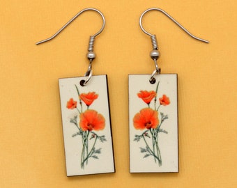 California Poppies Earrings - Vintage Style Botanical Illustrations of Poppy Flowers, Fair Trade & Eco-Friendly
