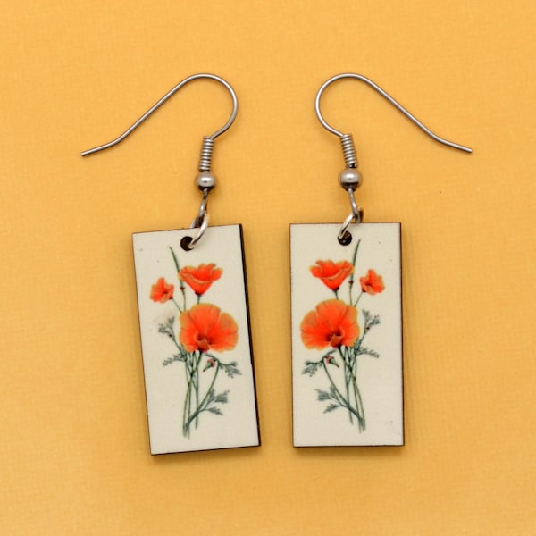 California Poppies Earrings - Vintage Style Botanical Illustrations of Poppy Flowers, Fair Trade & Eco-Friendly