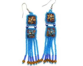 Beaded Flower Earrings with Long Fringe, Fair Trade Bead & Embroidered Flower Dangles, Boho Earrings for Summer, Fair Trade Gift