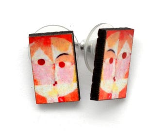 Paul Klee Stud Earrings, Famous Modern Art Earrings, Orange and Red Senecio Painting for your ears, Fair Trade Jewelry