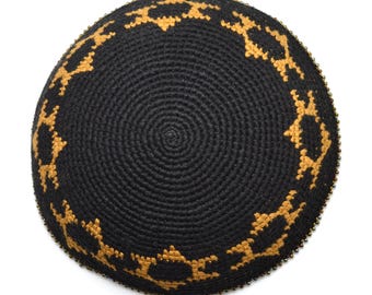 Black & Brown Yarmulke with Star of David Design - Crochet Kippot for Men, Bar Mitsvah Gift, Fair Trade Judaica Artisan made