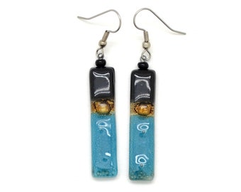 Long Glass Earrings - Fair Trade Earrings made in Guatemala - Blue & Black Dangle Glass Earrings, Affordable Gift for Fashionista Girl