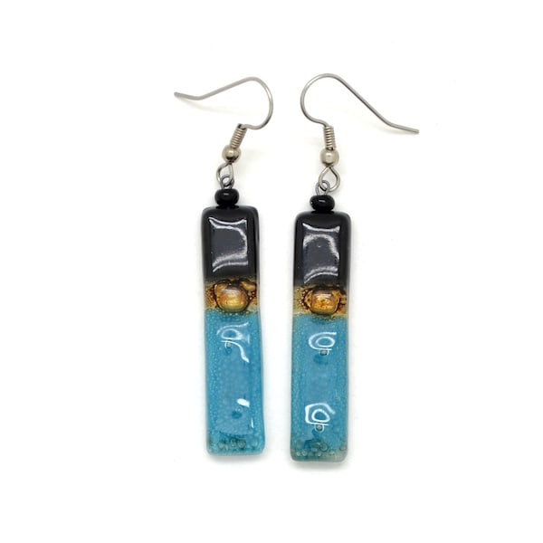 Long Glass Earrings - Fair Trade Earrings made in Guatemala - Blue & Black Dangle Glass Earrings, Affordable Gift for Fashionista Girl