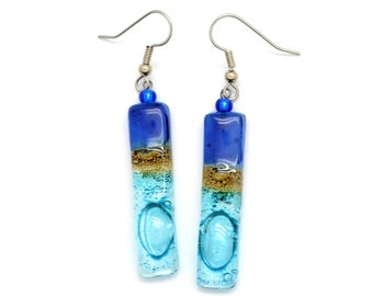 Long Rectangle Glass Earrings - Blue Aqua Fused Glass Earrings, Fair Trade Glass Earrings, Turquoise Earrings, Skinny Glass Dangles