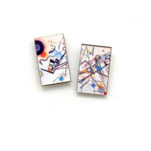 Small rectangle stud earrings featuring Kandinsky geometric art in a rainbow of circles, lines and squiggles.