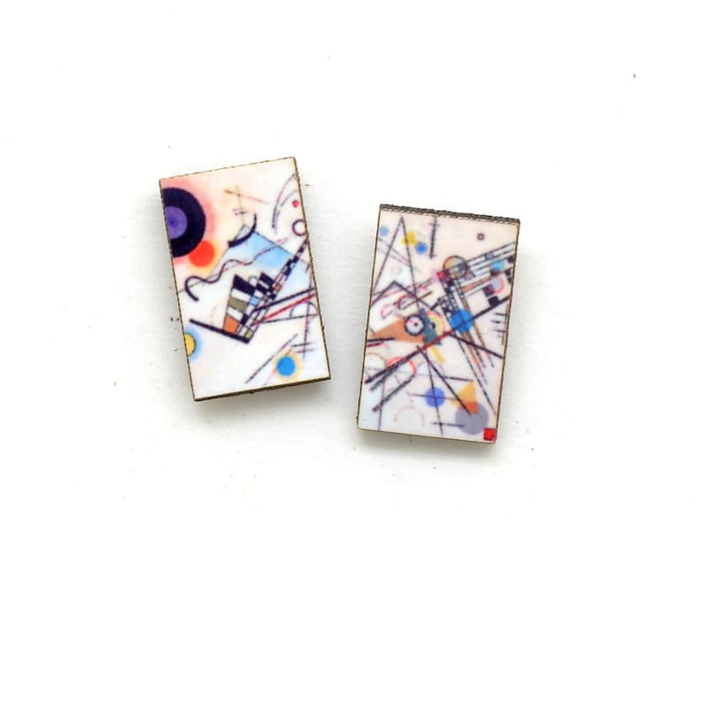 Small rectangle stud earrings featuring Kandinsky geometric art in a rainbow of circles, lines and squiggles.