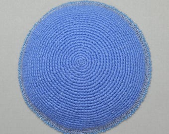Bright Sapphire Blue Beaded Kippah - Elegant Bat Mitzvah Yarmulke, One-of-a-Kind Fair Trade Judaica