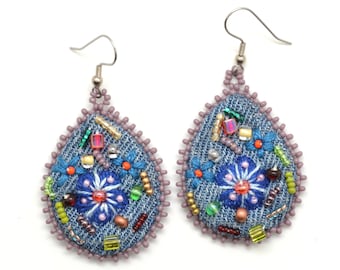 Purple Teardrop Earrings with Beaded Embroidered Flowers, Frida Inspired Colorful Earrings, Uses Recyled Denim, Fair Trade Gift for Woman