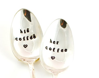 His and Her Coffee spoons,  Hand stamped silverware, engagement gift, Couple Gift Idea,  Coffee Lover Gift .