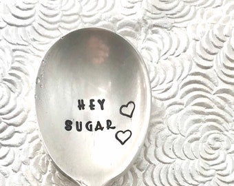 Hand Stamped Vintage Silver Plated Sugar Spoon - 'Hey Sugar'