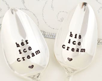 his and her ice cream spoons, hand Stamped Vintage Silverware Spoon, bridal shower gift, wedding gift , gift for couples.