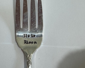 Hand Stamped Vintage Fork – " He is risen" – Easter gift, faith