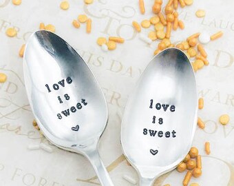 LOVE IS SWEET coffee spoons set of 2 -  hand Stamped  Spoon, Silverplate -  bridal shower gift - ice cream tea breakfast soup coffee