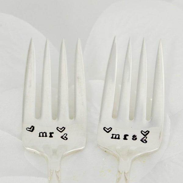 Mr. Mrs. Wedding Forks - Handstamped Set - Vintage Silver Plated Flatware - Cake Dinner Forks -  Bride Groom - His Hers