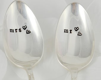mr. and mrs. Spoon Set - Wedding Anniversary Couples Gift -  Handstamped Vintage  - Keepsake - Coffee -  Tea -  Soup