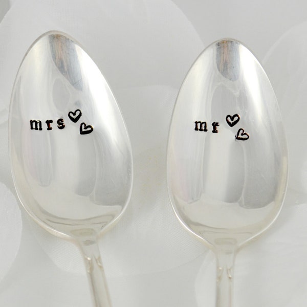 mr. and mrs. Spoon Set - Wedding Anniversary Couples Gift -  Handstamped Vintage  - Keepsake - Coffee -  Tea -  Soup