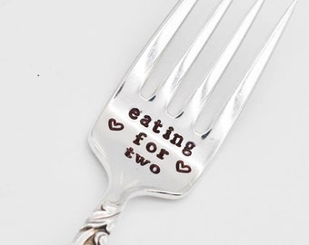 Pregnancy Gift Eating for Two Fork Vintage Silver Plated Mothers Day Gift Handstamped Message Dessert Cake Dinner Spoon New Mom