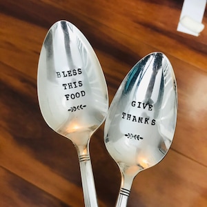 Table Blessing Serving Set - Thanksgiving Christmas Easter - Holiday Flatware Hand Stamped - Silver Plated Spoon  Hostess Gift Gather