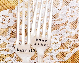 Happily Ever After forks set - hand stamped  - Silver Plated Fork Set - Anniversary gift idea - Vow Renewal gift - Anniversary Gift.
