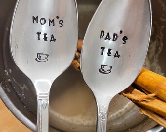 Dad’s tea Mom’s tea - iced tea spoon- Long Teaspoons -  Silverplate - Hand stamped - Christmas gift idea.