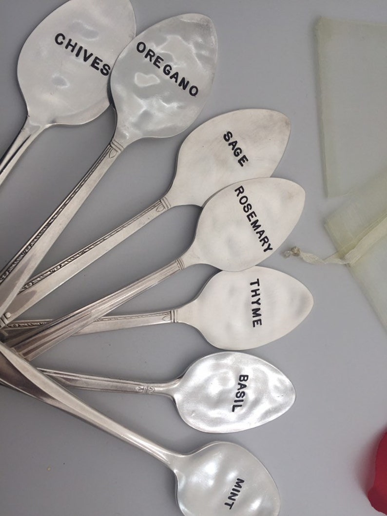 Plant Garden Herb Markers Spoons Custom Set of 7 Antique Vintage Hand Stamped Mother's Day Gift Grandma Her Mom image 1