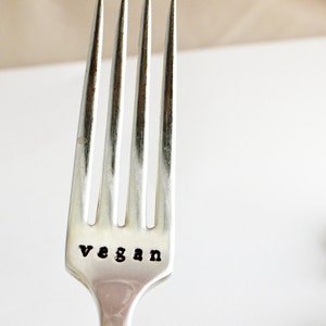 vegan  gift idea - dessert fork  or dinner fork  -  Vegan Gift Idea - Vintage - Hand Stamped - vintage