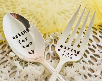 Eating For two set - Dessert fork and teaspoon - Hand Stamped Silverware - Baby Reveal Gift - Mom to be gift - shower gift