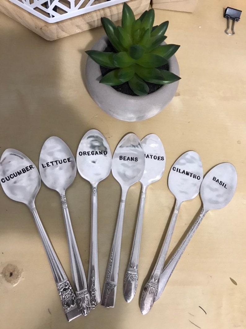 Plant Garden Herb Markers Spoons Custom Set of 7 Antique Vintage Hand Stamped Mother's Day Gift Grandma Her Mom image 8