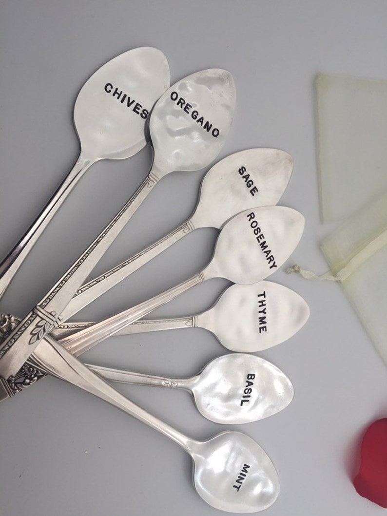Plant Garden Herb Markers Spoons Custom Set of 7 Antique Vintage Hand Stamped Mother's Day Gift Grandma Her Mom image 5
