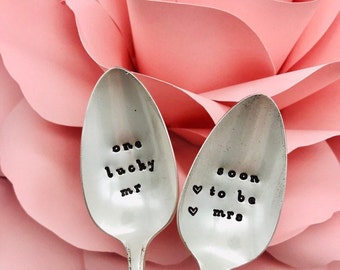 One Lucky Mr, Soon to be Mrs,Spoon Set, Engagement Gift, Engagement Gift Spoons, Engagement Gift for Couples. Hand stamped - Silver plated
