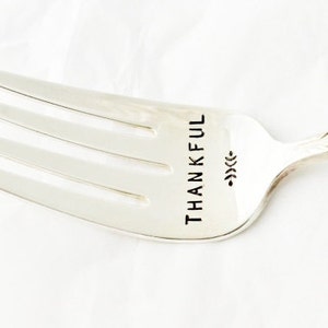 Thankful serving fork , Hand Stamped Holiday Table Decoration, hostess gift idea, Thankful Gift , Friendgiving, gathering.