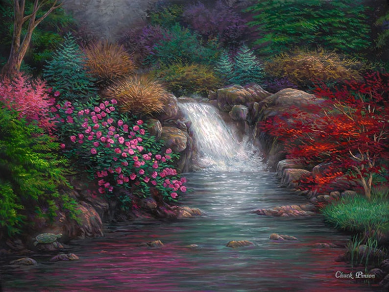 Waterfall Painting Garden Art Japanese Garden Artwork Etsy