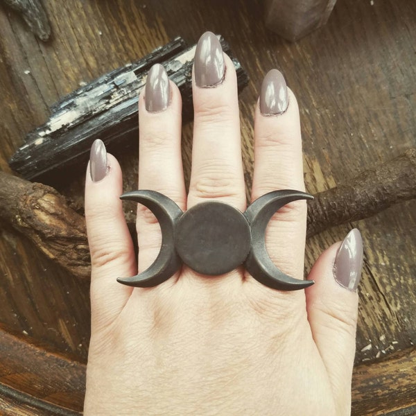 DARK MOON ~ Handmade Triple Moon Goddess statement ring by Nightshade Botanicals