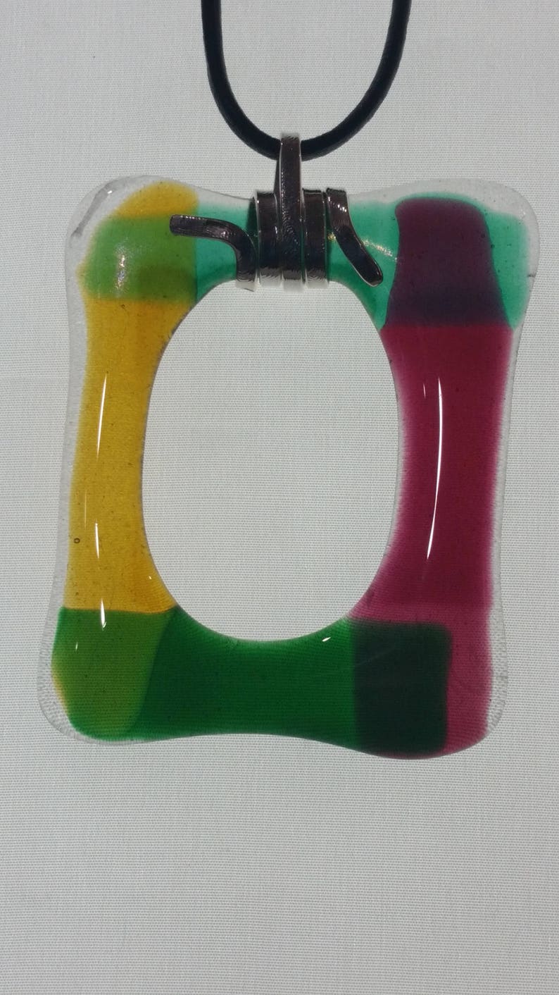 with Black Leather Cord Art Glass Neckless \u2013 Handmade \u2013 Gold Green Red